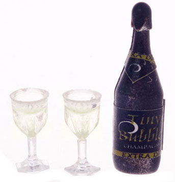 Dollhouse Miniature Champagne Bottle W/Two Glasses, Filled